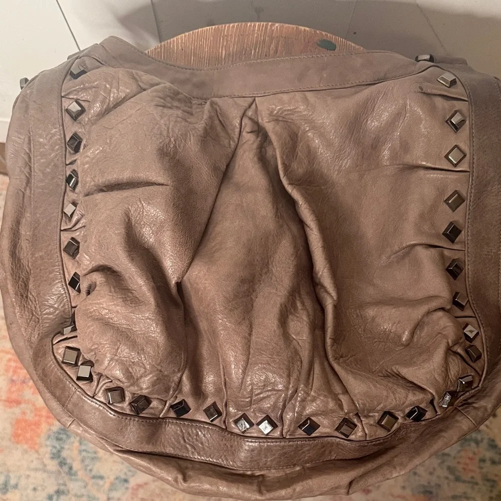 Treesje Dark Greige Leather Hobo Bag Stud Accents